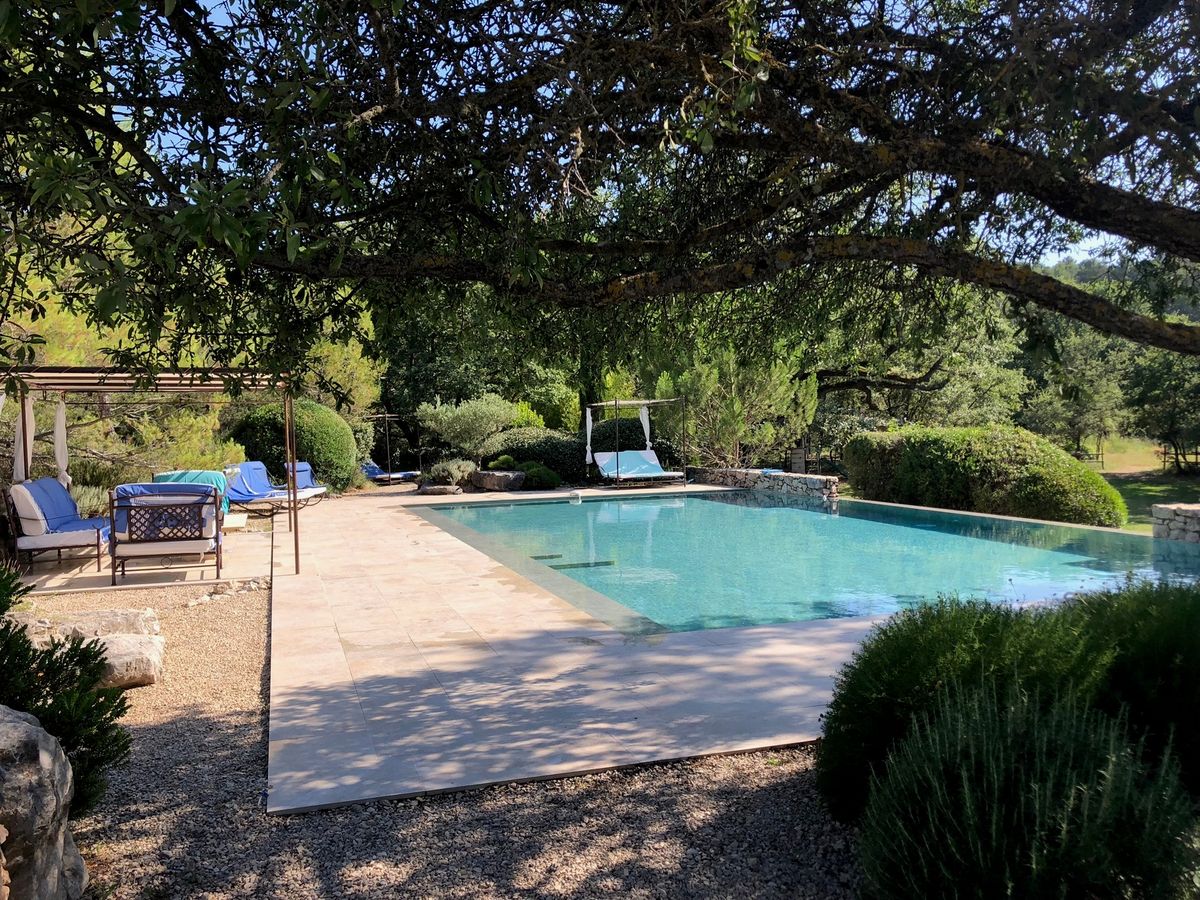 La piscine vue sous les branches d’un chêne, avec les transats et le salon sous voile.